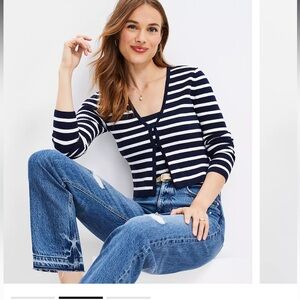 Loft Stripe Ribbed V-Neck Cardigan Top